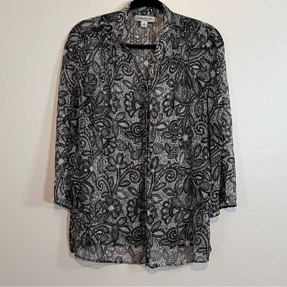 Coldwater Creek Blouse Size Large Sheer Black & White Lightweight Long Sleeves - Picture 1 of 7
